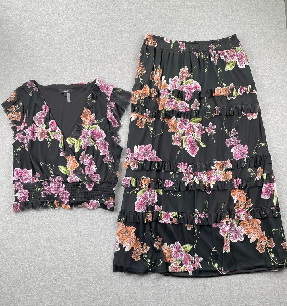 1. STATE Dark Floral Tiered Maxi Skirt & Top Set Size L Ruffle Mesh Whimsigoth